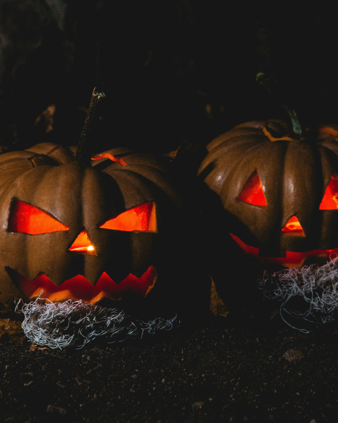 Halloween weltweit: 2 geschnitze Kürbisse, die innen leuchten