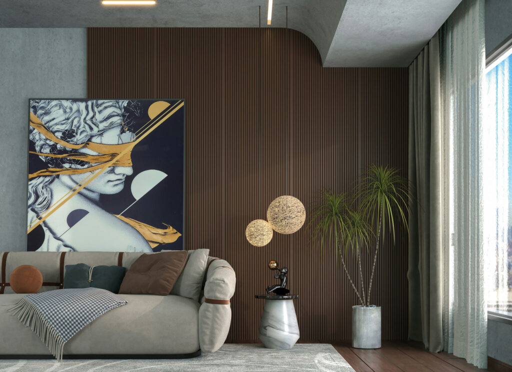 Individuelles Wohndesign: Großes Kunstsgemälde hängt über einem Sofa mit Deko daneben.