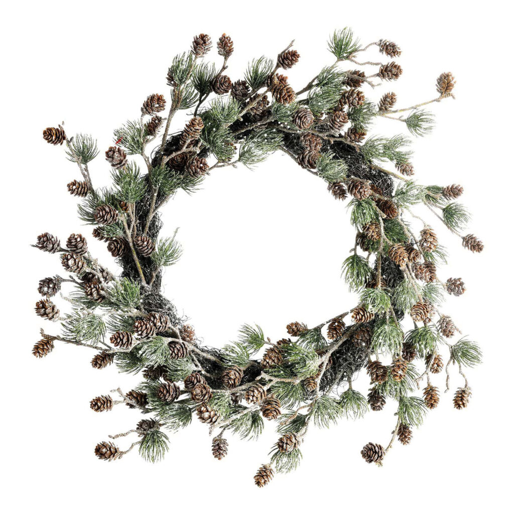 Weihnachtsdeko: Kunstkranz aus Zweigen und Zapfen mit Schnee besprüht.