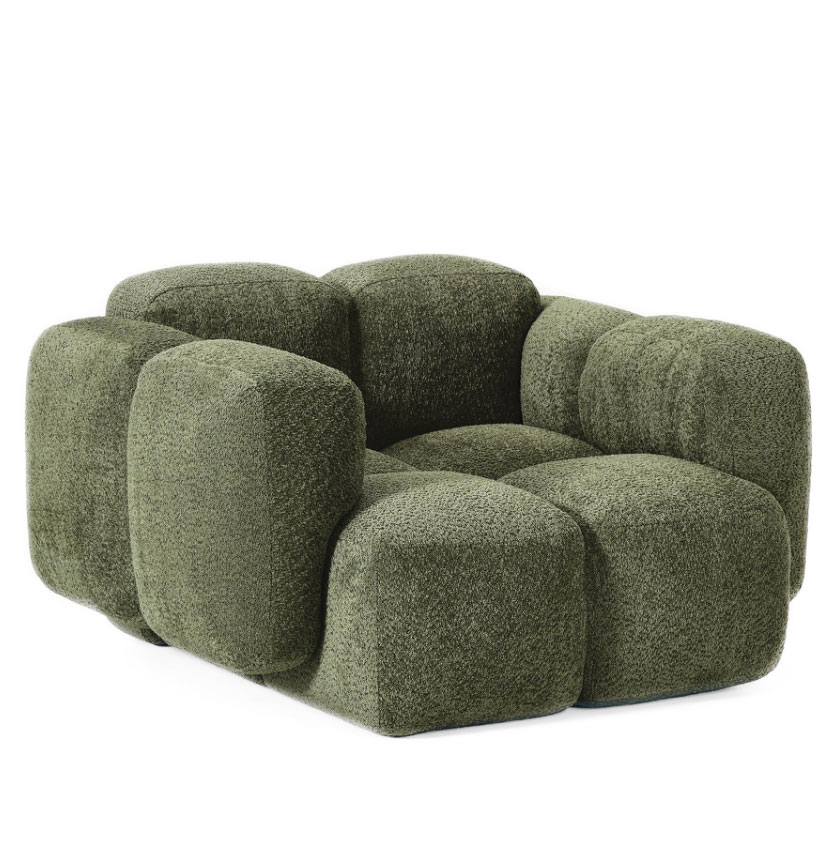 Loungesessel in dunkelgrün bestehend aus einigen runden Rechtecken.