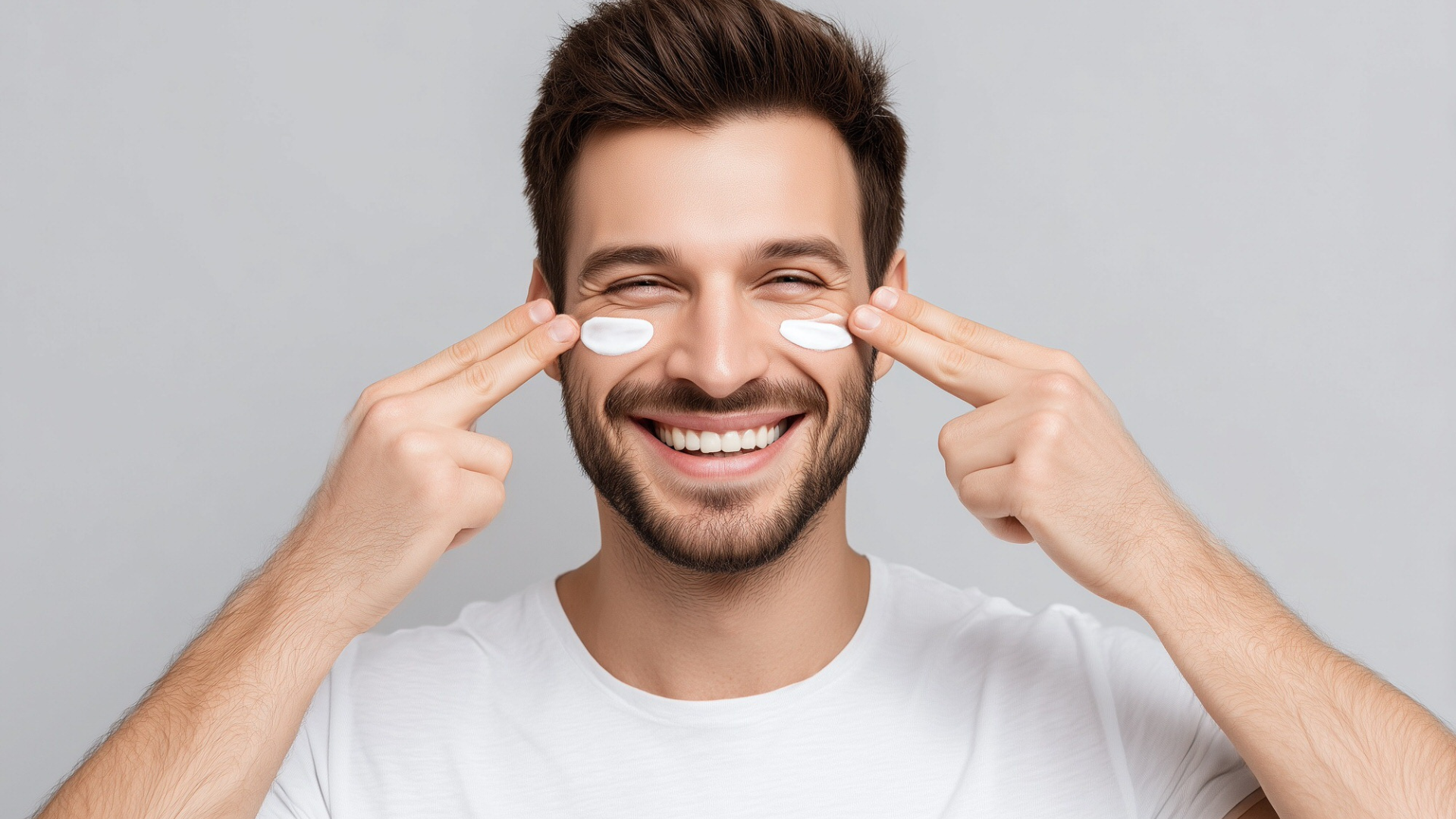 Mann lacht und hat Augenmasken drauf