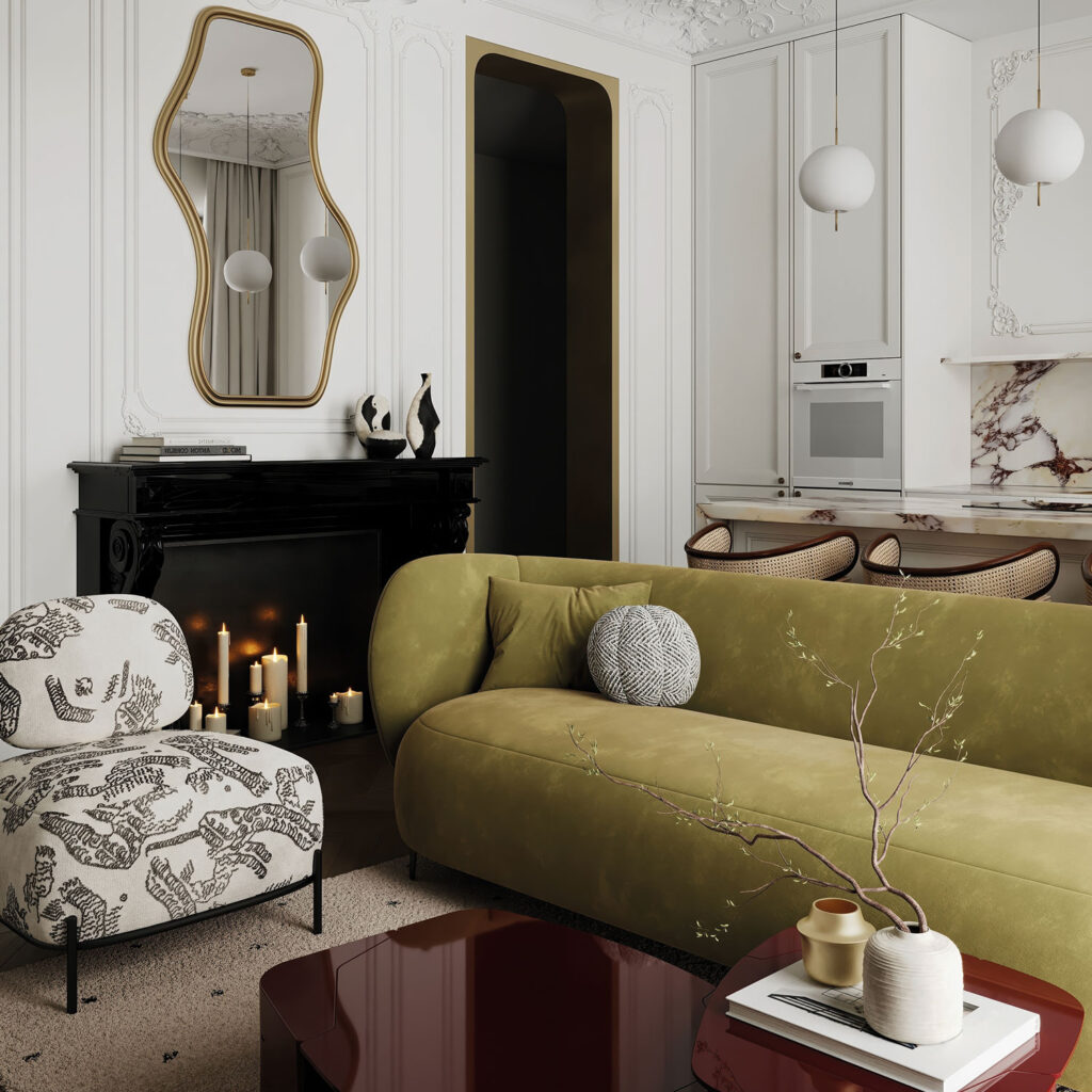 Wohntrends 2026: Grünes Sofa in modern eingerichtetem Wohnzimmer.