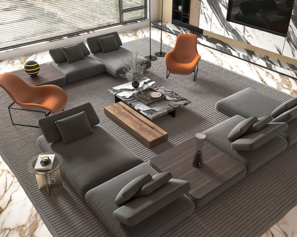 Wohntrends 2026: Sonniges Wohnzimmer in Grau-Tönen mit Bronze-Akzenten.