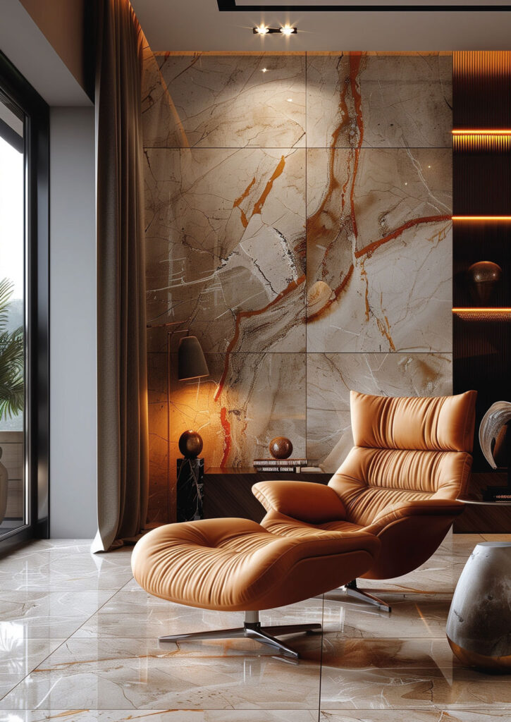 Oranger Lederstuhl in einem Wohnraum mit Marmor-Wänden und -Boden.