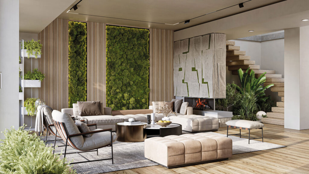 Wohnraum mit vielen Pflanzen und bepflanzten Wänden.