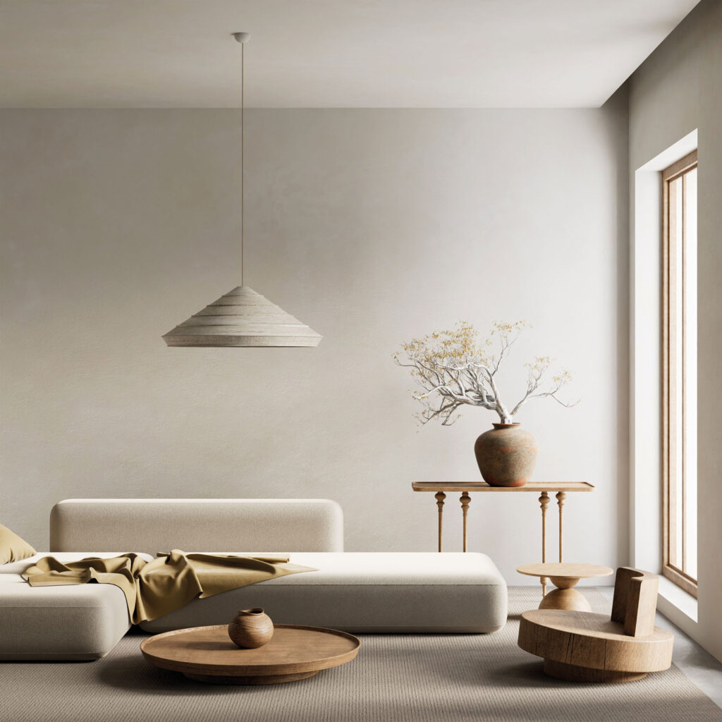 Hölzerne Möbel in einem Wohnraum mit Sofa.