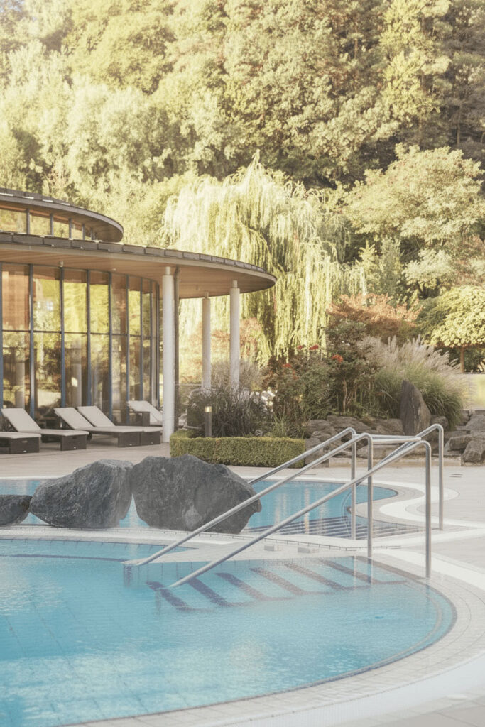 Thermenlandschaft mit Wald im Hintergrund