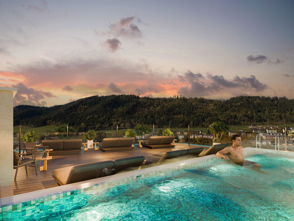 Pool auf großer Terrasse mit Aussicht in die Berge
