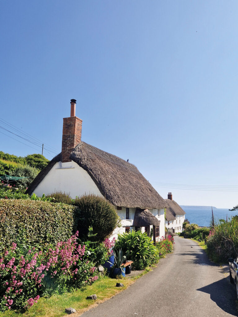 Uriges Haus mit gepflegter Bepflanzung an einer Straße zum Meer.