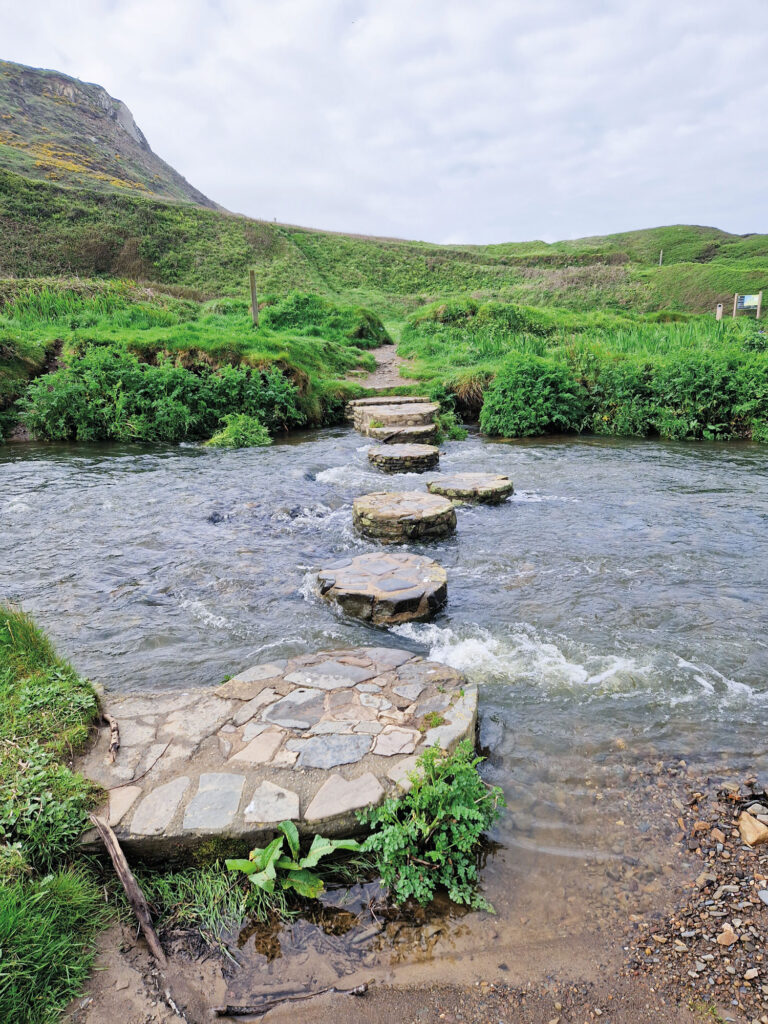 Runde Steinblöcke in einem Fluss zur Überquerung inmitten einer grünen Berglandschaft.