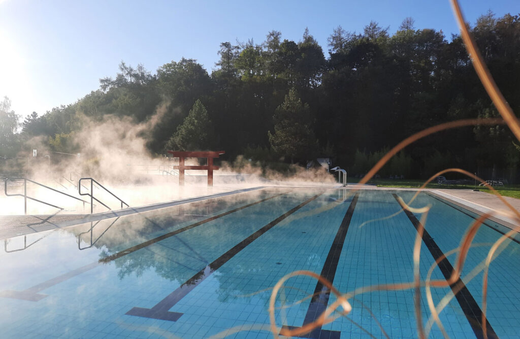 Dampfendes Thermalwasser bei schönem Wetter mit Wald im Hintergrund